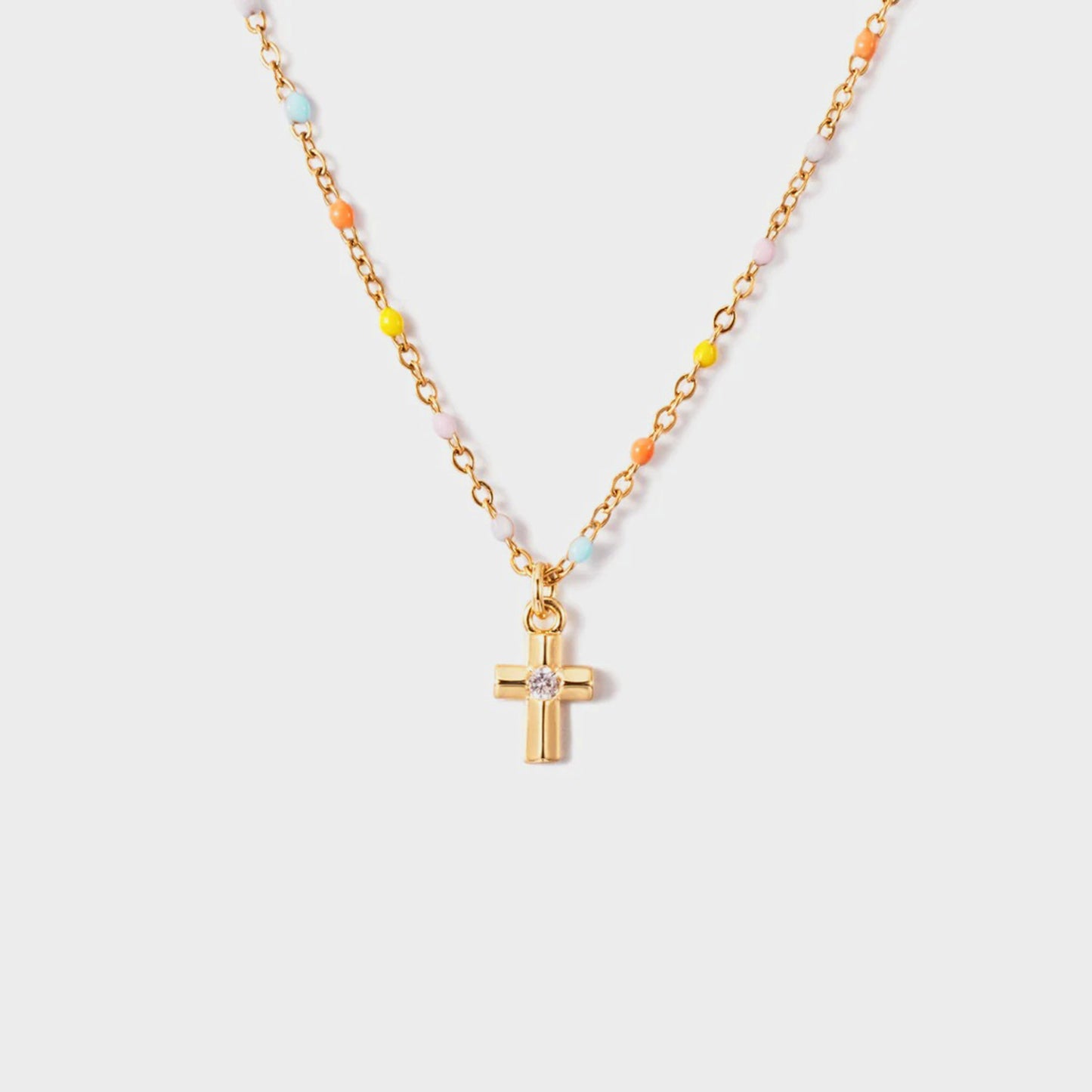 Inlaid Zircon 18K Gold-Plated Cross Bead Necklace