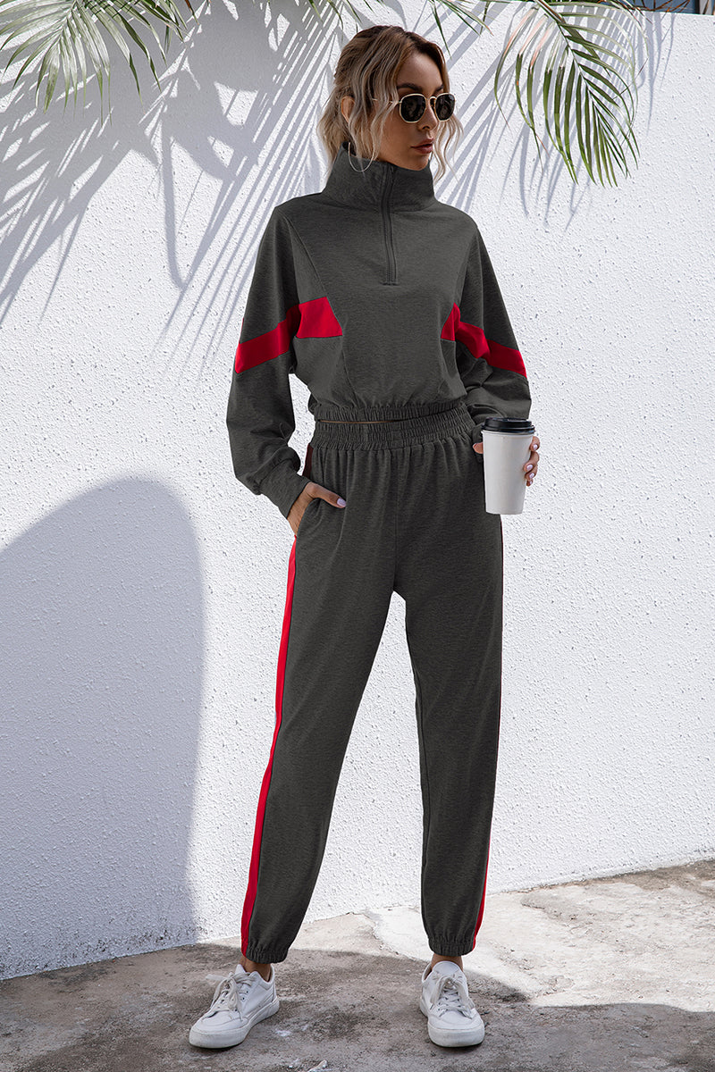 Turtle Neck Long Sleeve Zip-Up Top Long Pants Set