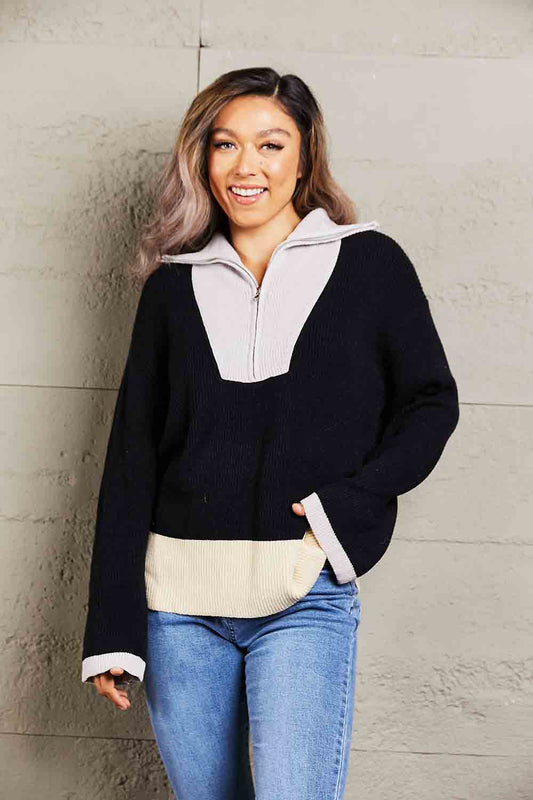 Double Take Color Block Half-Zip Dropped Shoulder Knit Pullover