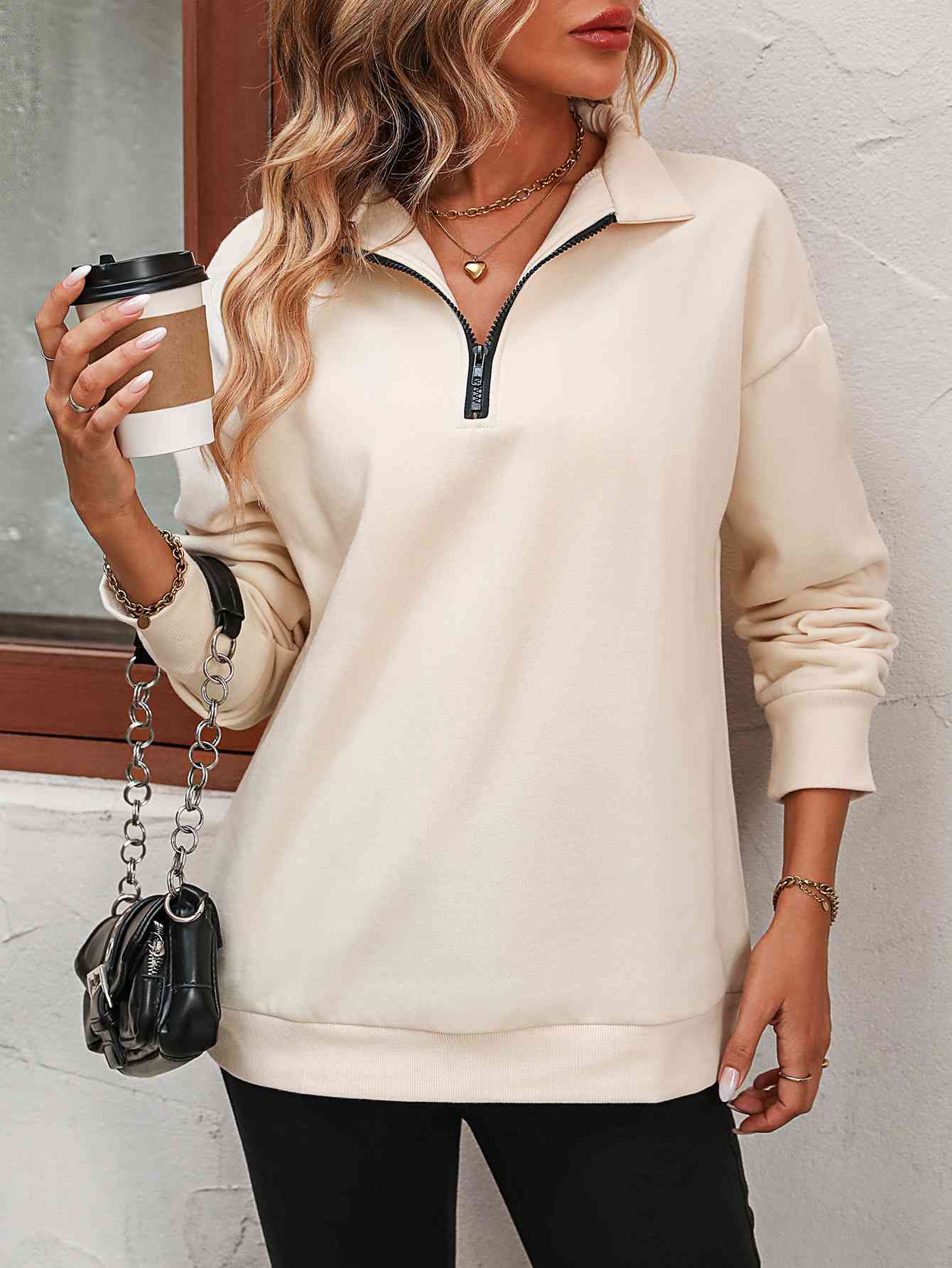 Zip-Up Dropped Shoulder Sweatshirt