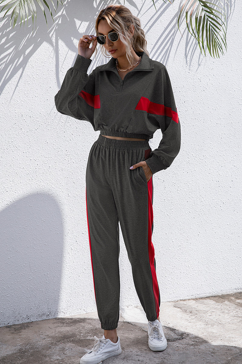 Turtle Neck Long Sleeve Zip-Up Top Long Pants Set